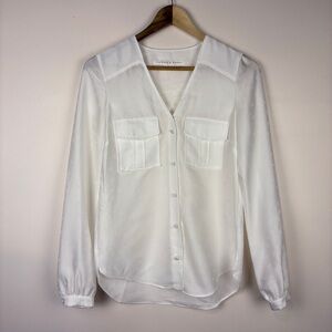 Veronica Beard White V-Neck Pocket Blouse Professional Classic
